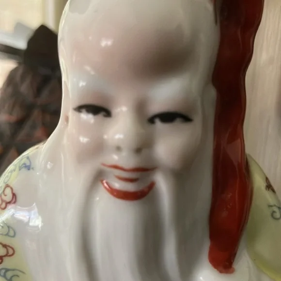 Vintage Chinese Shou Xing Porcelain Figurine w/Yellow Blue Red Outfit 7” - Picture 9 of 9